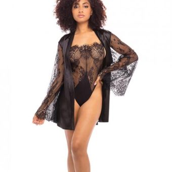Elishia Satin Robe W/wide Eyelash Sleeves & Lace Teddy Black L/xl