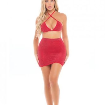 Pink Lipstick Black Cherry Strap Halter Bra & Skirt Red O/s