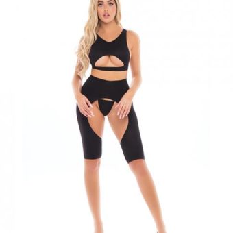 Pink Lipstick Leg Up Chap Style Short, Bra & G-string Black O/s