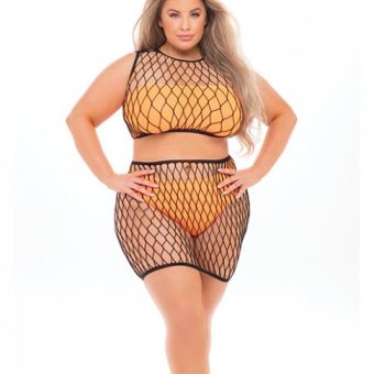 Pink Lipstick Crave You Lrge Fshnet Cami Top,skrt,bandeau Top & Panty(fits Up To 3x)neon Orange Qn