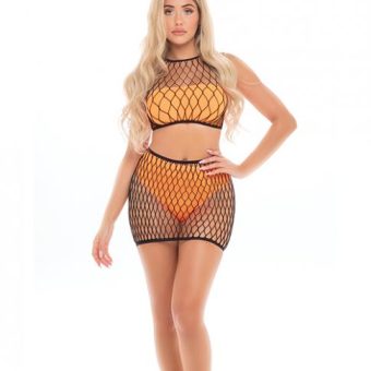 Pink Lipstick Crave You Large Fishnet Cami Top & Skirt, Bandeau Top & Panty Neon Orange O/s