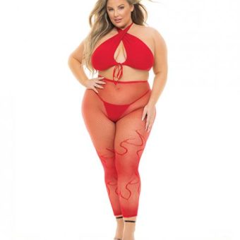 Pink Lipstick Gives You Hell Halter Bra, Pantyhose & G-string Red Qn