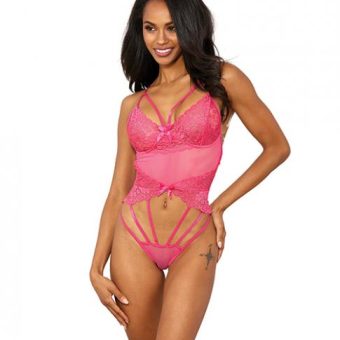 Stretch Lace W/underwire Cups & Strap Thong Detail Teddy Hot Pink Sm