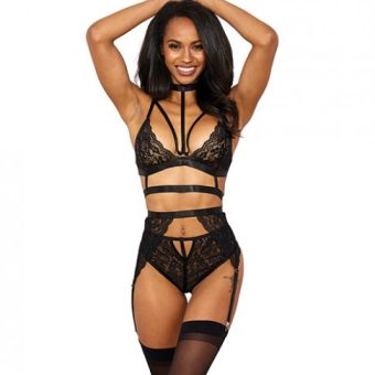 Stretch Lace W/satin Elastic Bra, Garter Belt & G-string Panty Black Xl