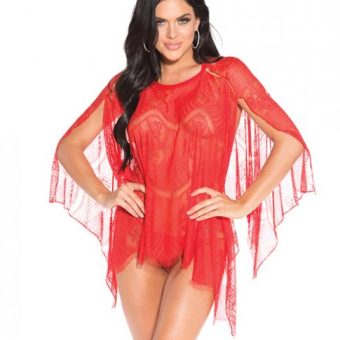 Sheer Lace Poncho with G-String Panty Red Medium