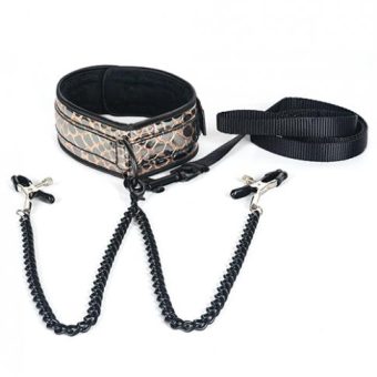 Spartacus Faux Leather Collar & Leash Black Nipple Clamps Gold