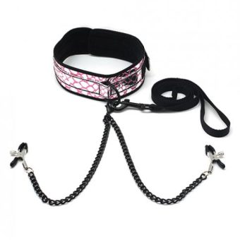 Spartacus Faux Leather Collar, Leash Black Nipple Clamps Pink