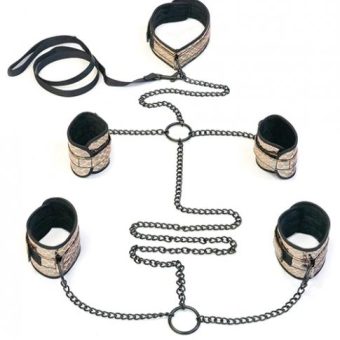 Faux Leather Collar, Wrist, Ankle Restraints & Leash Bondage Kit Gold