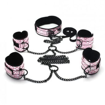 Spartacus Faux Leather Collar To Wrist & Ankle Restraints Bondage Kit W/leash - Pink