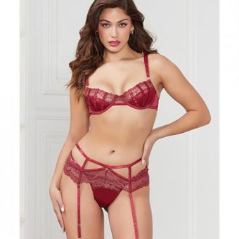 Stretch Satin & Lace Balconette Cup & Garter Panty Wine Lg