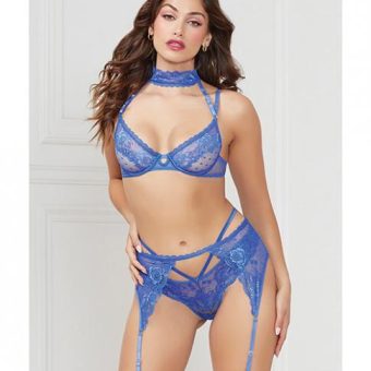 Demi Bra W/removable Collar, Garter Belt & Thong Blue Sm