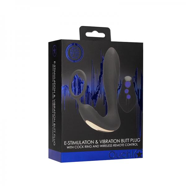 E-stim & Vibrating Butt Plug And Cock Ring And Wireless Remote Black