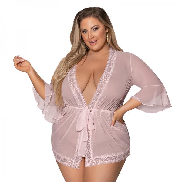 Magic Silk Seabreeze Robe W Lace Trim Blush Queen Size