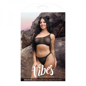 Fantasy Lingerie Vibes Bad Bitch One-shoulder Bling Bralette & Bikini Panty With Rhinestone Letterin