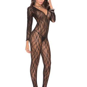 Deep V Bodystocking W/ Long Sleeves Black O/s